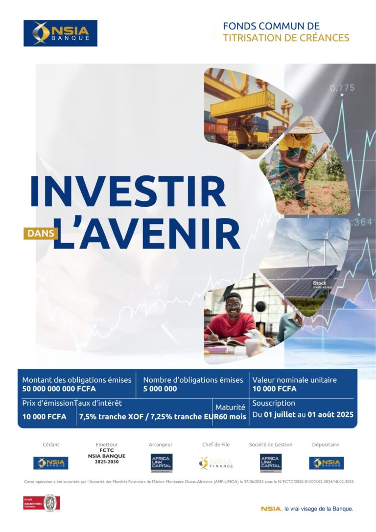 NSIA Capital est Chef de File de l’emprunt obligataire privé structuré intitulé “FCTC NSIA Banque 7,50% 2025-2030”
